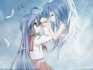 Anime hugging angel birds feathers - a sky background behind them free wallpaper