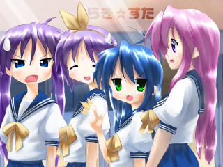 Three anime girls purple hair 2 - a wall free wallpaper