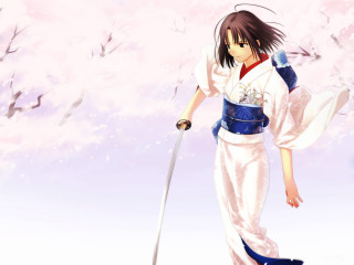Woman kimono sword cherry blossoms 2 - a woman in a kimono holding free wallpaper