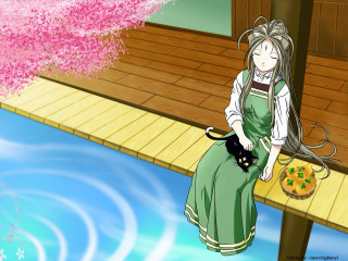 Woman cat dock cherryblossoms seiza - a woman free wallpaper