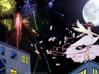 Girl white dress flying fireworks - anime art free wallpaper