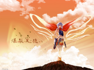 Woman blue white outfit hill 2 - her head and a bird free wallpaper