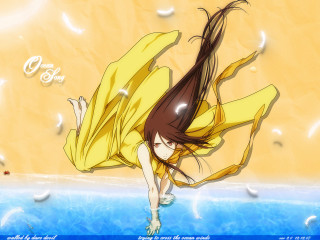 Yellow dress floating water angel - flowing hair free wallpaper