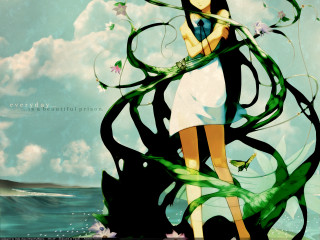 Long haired woman water tree - her hand and a butterfly free wallpaper