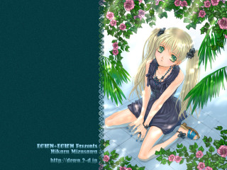 Girl plant flowers tile floor - a blue border free wallpaper