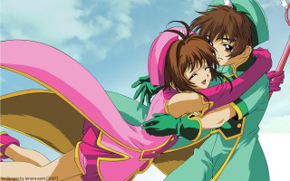 Anime hugging couple sky clouds - a sky background behind them free wallpaper