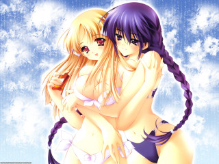 Anime girls hug cloudy sky - rayonism free wallpaper