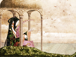 Woman man green pink gazebo - a painting of a woman free wallpaper