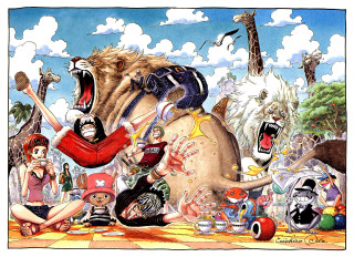 Cartoon group animals beach mountain - eiichiro oda free wallpaper