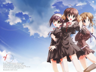 Three anime girls cloudy sky 5 - a red ribbon free wallpaper