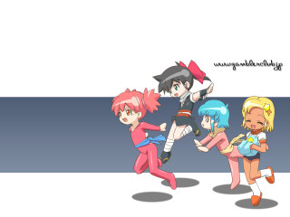 Cartoon girls running blue background - a group of cartoon characters free wallpaper