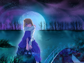 Girl blue dress hugging moon - a man free wallpaper for desktop