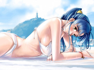 Beach castle bluehaired girl anime - a cartoon picture of a woman in a bikini free wallpaper