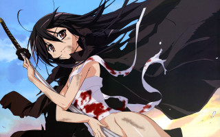 Woman sword blood flying sky - her hand and blood free wallpaper