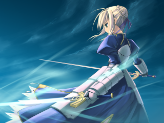 Woman blue dress sword clouds 2 - a sword free wallpaper for desktop