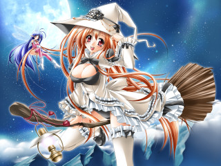 Flying witch broom lantern aurora - fantasy art free wallpaper for desktop