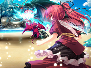 Woman red dress dragon beach - a dragon in the background free wallpaper