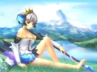 Woman sitting grass sword mountain - her hand and a mountain in the background free wallpaper