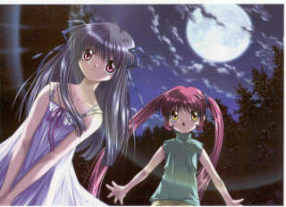 Moonlight anime girls pink blue - a full moon free wallpaper