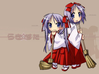 Anime sisters bamboo brooms hakama 2 - a beige background free wallpaper