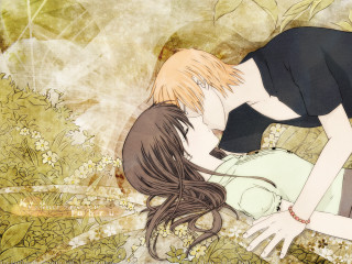 Couple kissing flowers leaves anime - behind them free wallpaper