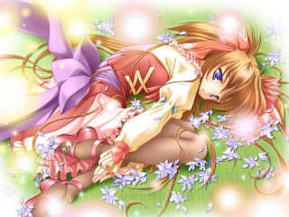 Girl purplebow pinkdress anime blueeyes - a purple bow free wallpaper