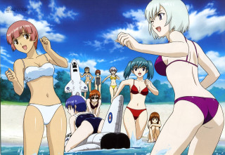 Beach girls bikinis blue hair - a man in the background free wallpaper