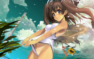 Girl white swimsuit bird flower - a white swimsuit free wallpaper