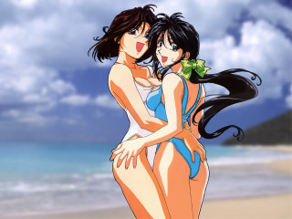 Beach hugging girls anime retro - suit free wallpaper
