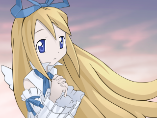 Blonde anime girl blue bow - a cloudy sky free wallpaper