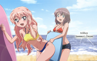 Beach bikinis surfboard anime women - two woman free wallpaper