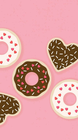 Pink background four donuts heart - chocolate free wallpaper