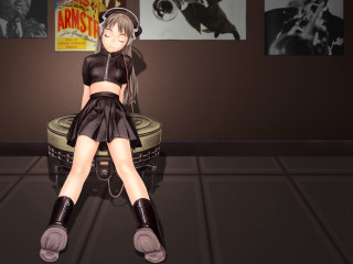 Girl headphones black shirt skirt - a stool free wallpaper
