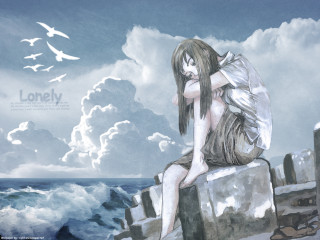 Woman sitting ocean beach bird - overhead free wallpaper