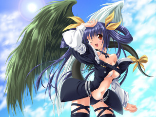 Anime girl blue hair wings 2 - a blue sky behind her free wallpaper