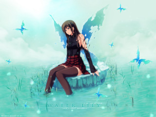 Woman butterfly rock water anime - a blue sky behind her free wallpaper