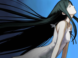 Woman blackhair whiteDress sky floating - flowing hair free wallpaper