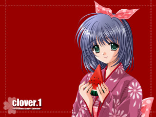 Girl kimono watermelon blue hair - a screenshot free wallpaper for desktop