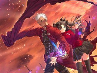 Anime couple purple sky fire - a scene free wallpaper