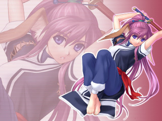Pink haired anime girl sword - her arm behind her head free wallpaper