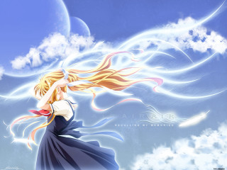 Girl blue dress flying clouds 2 - the wind free wallpaper