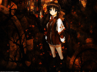Autumn forest girl brownwhite outfit - the ground and a tree in the background free wallpaper