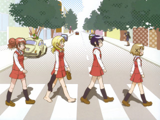 Cartoon girls crosswalk car kyo - a car in the background free wallpaper