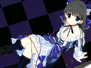 Woman blue dress checkered floor - floor free wallpaper