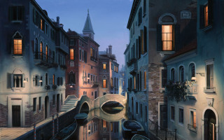 Canal city night clock tower - kinkade free wallpaper