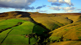 Green valley trees clouds tilt - free landscape wallpaper