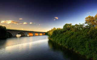 Bridge river trees sunset mountains - a bridge over a river free wallpaper