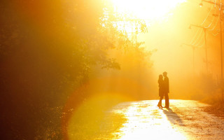 Couple road sunset backlighting trees - a couple standing free wallpaper
