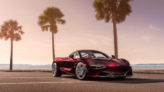 Red sports car palm ocean - orange free wallpaper