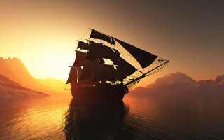 Sailboat ocean sunset mountains brightyellow - cinematic matte painting free wallpaper
